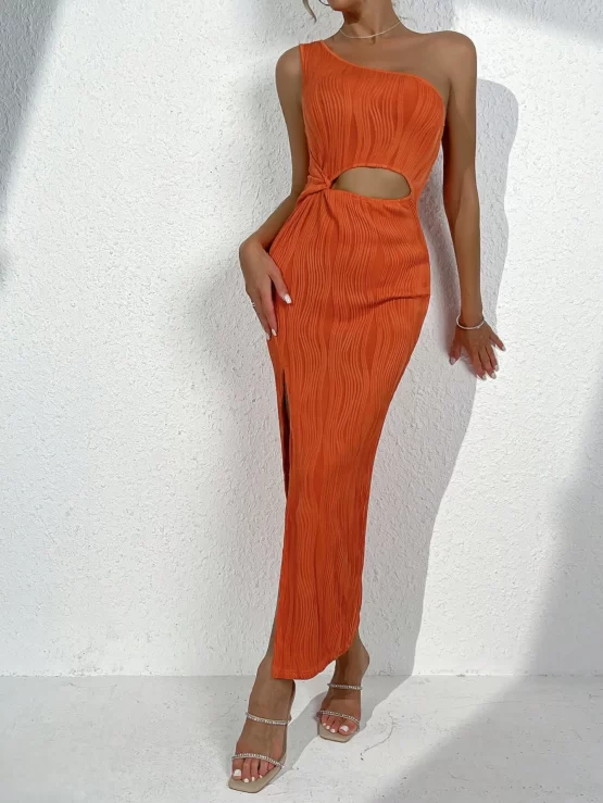 One Shoulder Cut Out Waist Split Thigh Dress - Image 3
