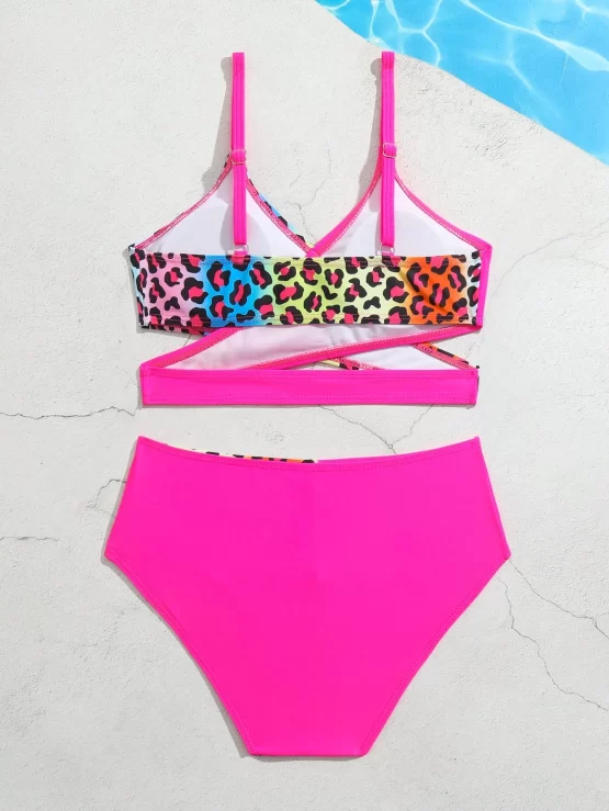 Girls Leopard Print Criss Cross Wrap Bikini Swimsuit - Image 2