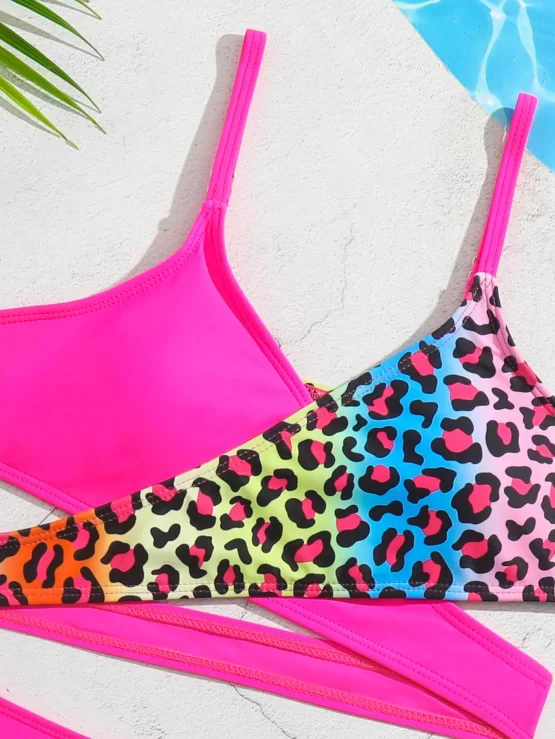 Girls Leopard Print Criss Cross Wrap Bikini Swimsuit - Image 3