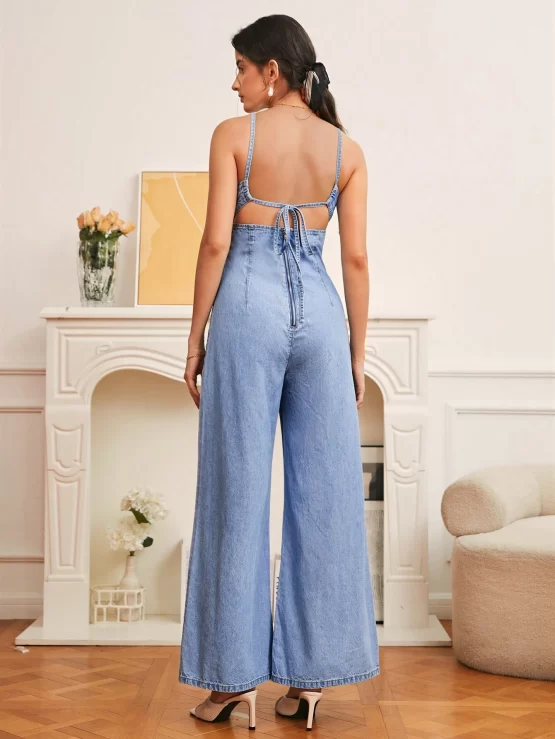 Tied Backless Wide Leg Denim Jumpsuit - Image 3