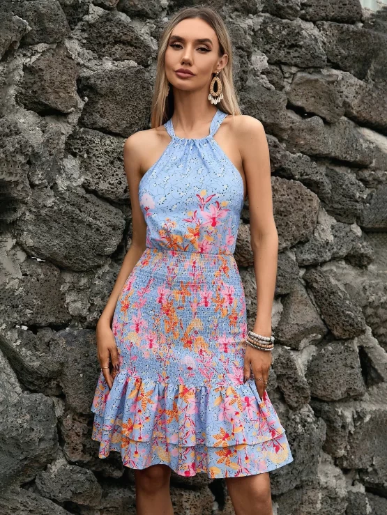 Clasi Floral Print Criss Cross Tie Backless Ruffle Hem Dress - Image 3