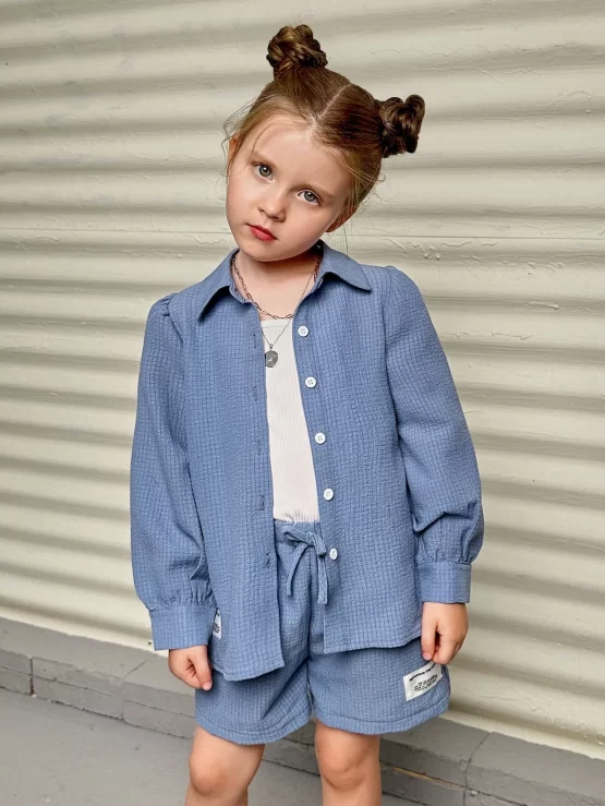 Woven Long Sleeve Shirt With Decorative Button Placket Collar Elastic Waist Shorts - Image 2