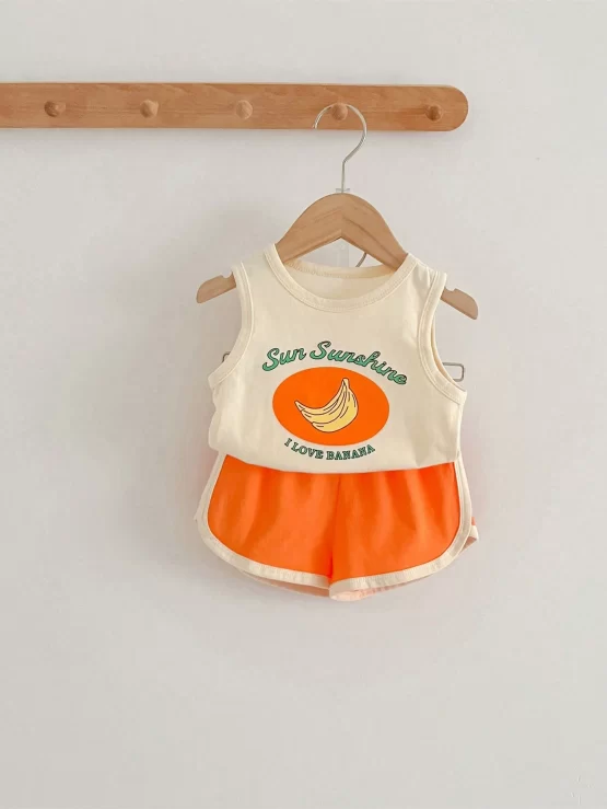 Baby Banana Letter Graphic Tank Top & Contrast Binding Shorts - Image 2