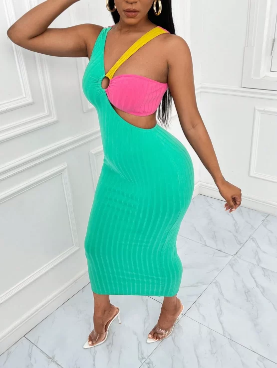Color Block Ring Linked Cut Out Asymmetrical Neck Bodycon Dress - Image 3