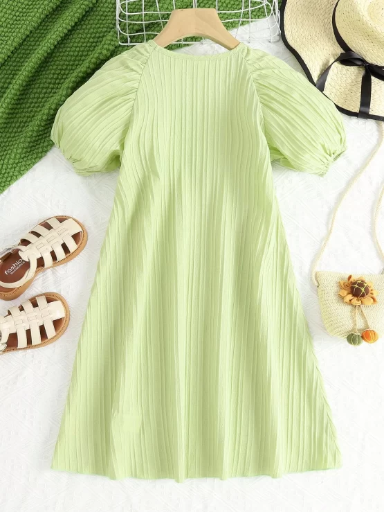 Tween Girl Solid V Neck Puff Sleeve Dress - Image 2