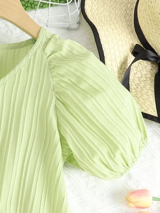 Tween Girl Solid V Neck Puff Sleeve Dress - Image 3