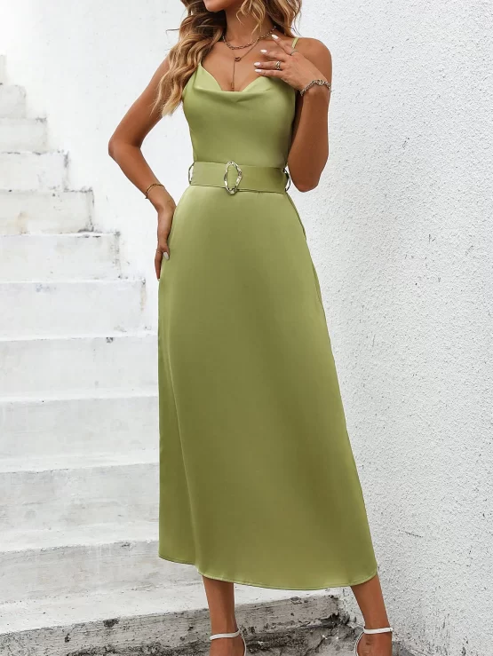 Clasi Draped Collar Belted Satin Cami Dress - Image 2