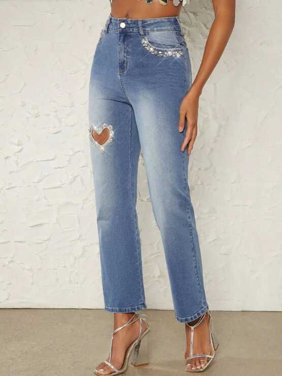 High Waist Cut Out Ripped Straight Leg Jeans - Image 3