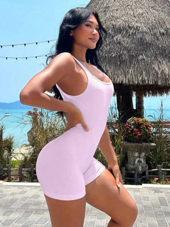 Solid Seamless Ribbed Knit Sports Romper - Image 3