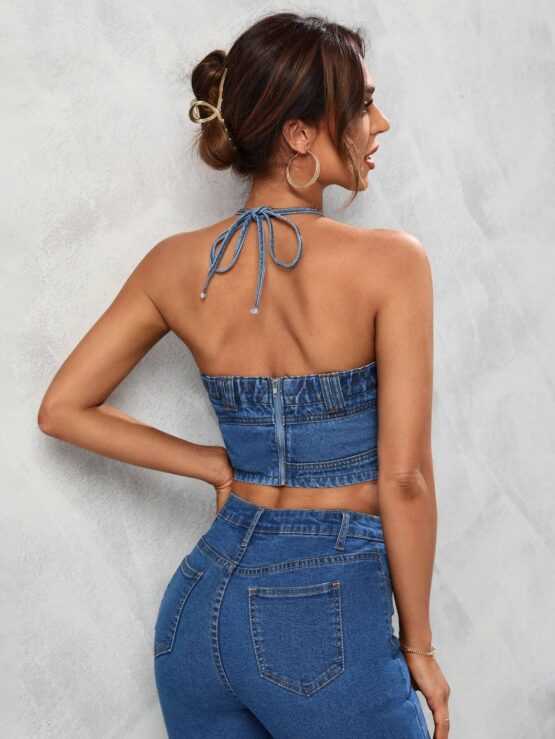 BAE Tie Backless Hanky Hem Halter Neck Denim Top - Image 2