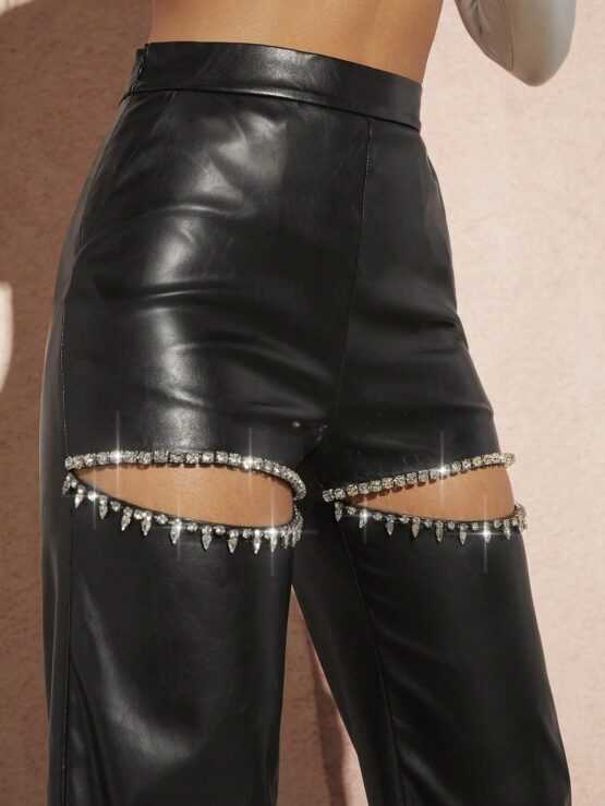 Rhinestone Detail Cut Out PU Leather Wide Leg Pants - Image 2