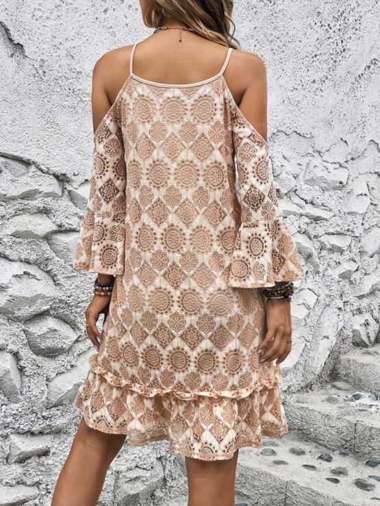 All Over Print Cold Shoulder Tassel Tie Front Ruffle Hem Dress - Image 2