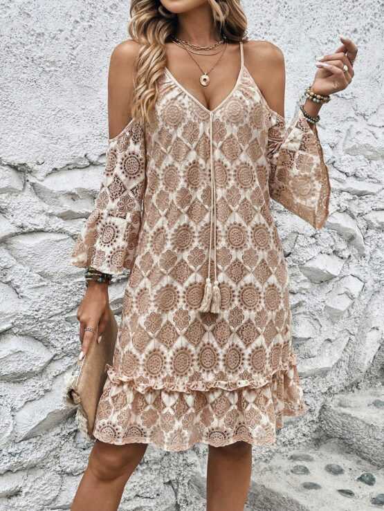 All Over Print Cold Shoulder Tassel Tie Front Ruffle Hem Dress - Image 3
