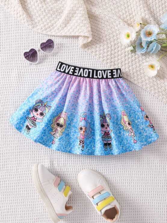 Young Girl Cartoon Letter Graphic Tape Waistband Detail Skirt - Image 3
