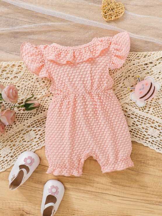Baby Girls' Soft Skin Friendly Pink Polka Dot Fabric Flutter Sleeve Jumpsuit With Ruffle Hem - Image 3