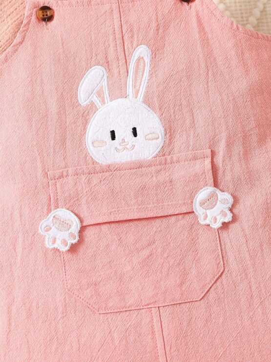 Baby Girl Rabbit Embroidery Flap Pocket Overall Romper - Image 3
