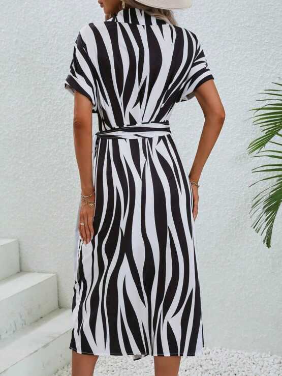 Zebra Striped Batwing Sleeve Belted Wrap Dress - Image 3