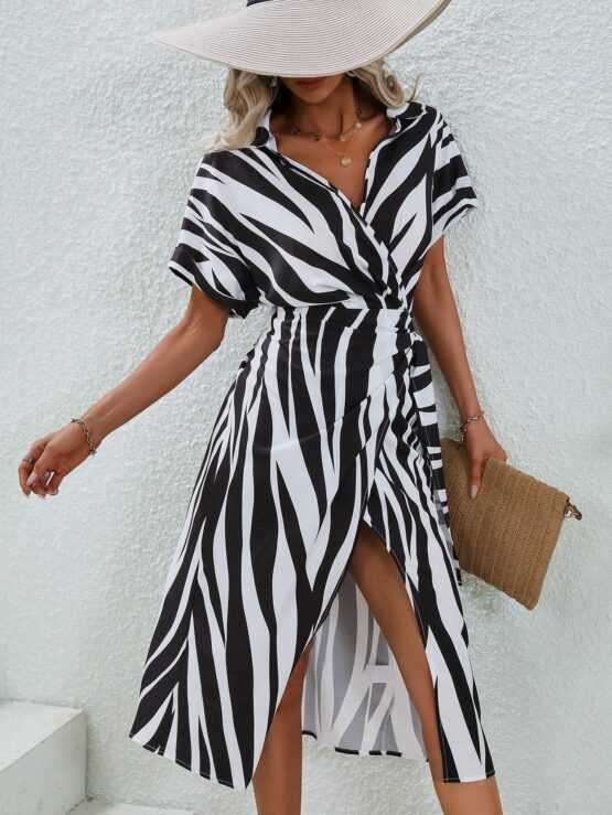 Zebra Striped Batwing Sleeve Belted Wrap Dress - Image 2