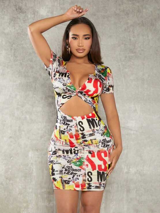 Print Twist Front Cut Out Ruched Bodycon Dress - Image 3