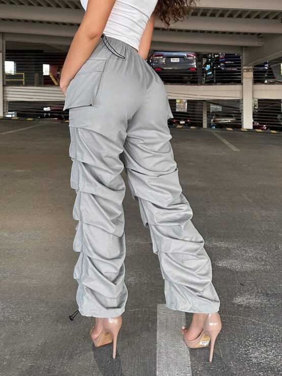 Solid Drawstring Pocket Ruched Stacked Hem Pants - Image 2