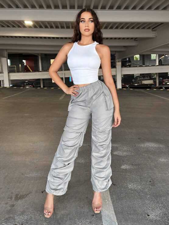 Solid Drawstring Pocket Ruched Stacked Hem Pants - Image 3