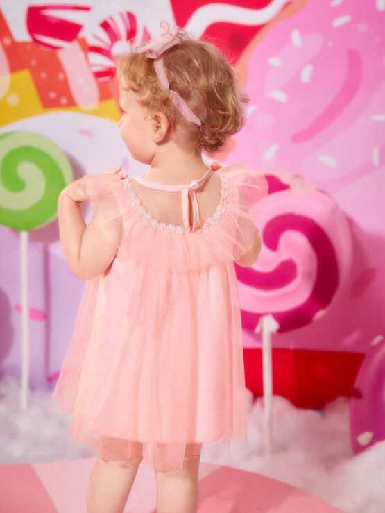 Baby Solid Ruffle Trim Mesh Overlay Party Dress With Bag - Image 2