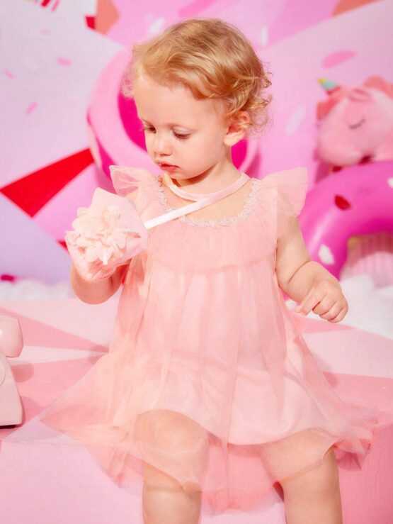 Baby Solid Ruffle Trim Mesh Overlay Party Dress With Bag - Image 3