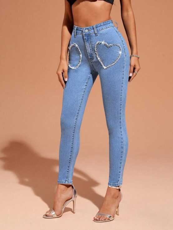 BAE Rhinestone Heart Pattern Skinny Jeans - Image 2