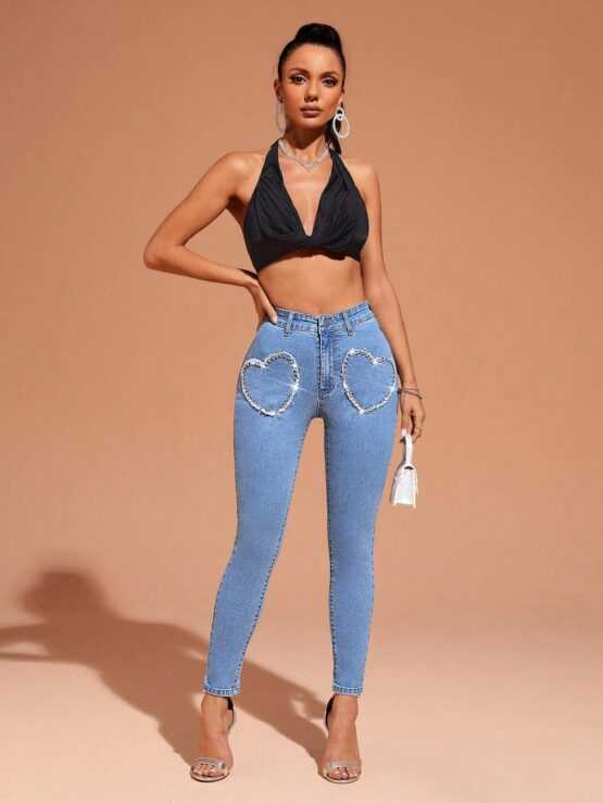 BAE Rhinestone Heart Pattern Skinny Jeans - Image 3