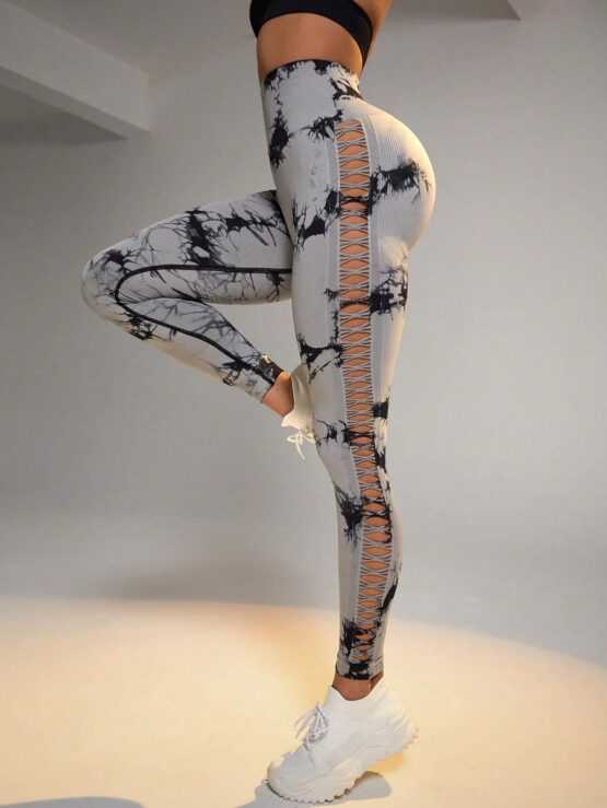 Tie Dye Hollow Out Tummy Control Sports Leggings - Image 2
