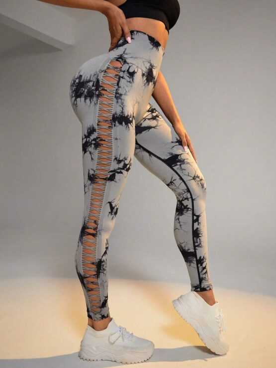 Tie Dye Hollow Out Tummy Control Sports Leggings - Image 3