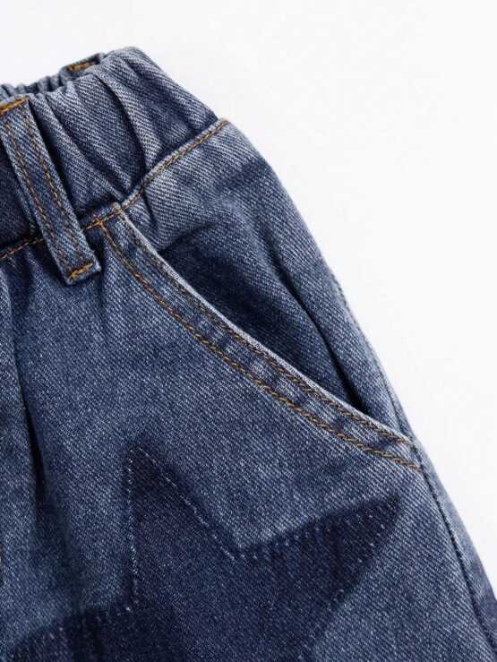 Young Boy Star Print Elastic Waist Straight Leg Jeans - Image 2