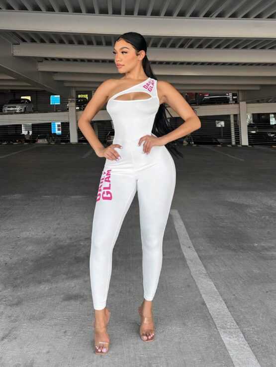 Slogan Graphic One Shoulder Unitard Skinny Jumpsuit - Image 2