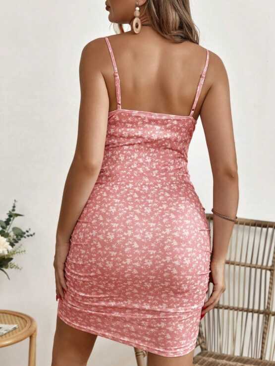 Maternity Ditsy Floral Print Ruched Bust Cami Front Dress - Image 3