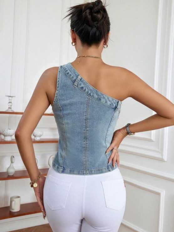 Asymmetrical Neck One Shoulder Denim Top - Image 2