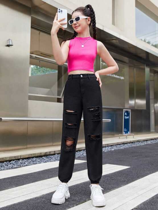 Teen Girl Tapered Carrot Jogger Ripped Jeans - Image 3