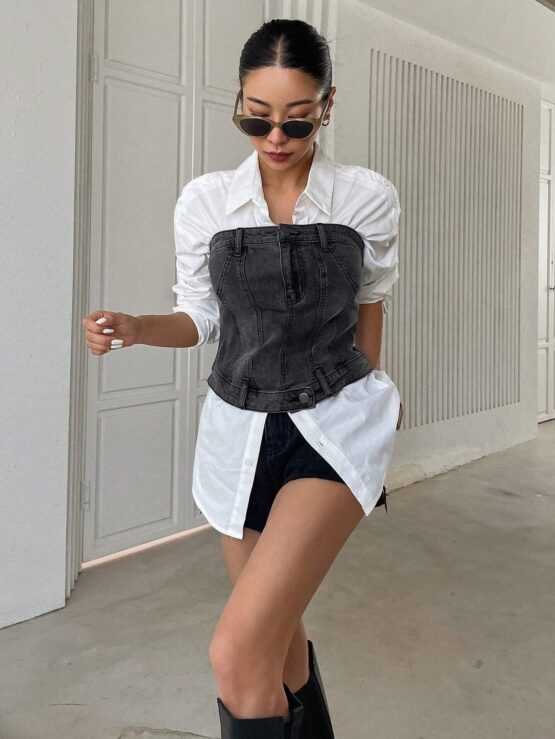 DAZY Solid Button Front Tube Denim Top Without Blouse - Image 3