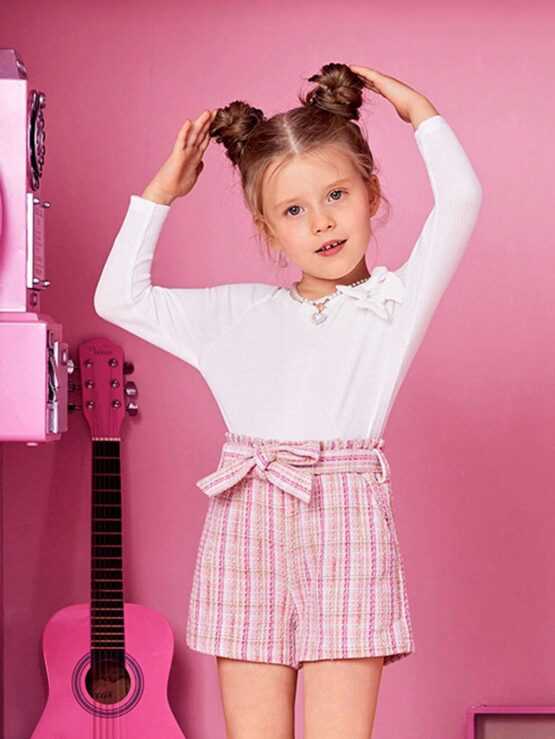 Young Girl Bow Front Tee & Plaid Belted Shorts - Image 2