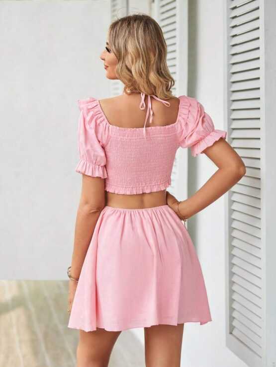 Frenchy Solid Puff Sleeve Crop Top & Skirt - Image 2