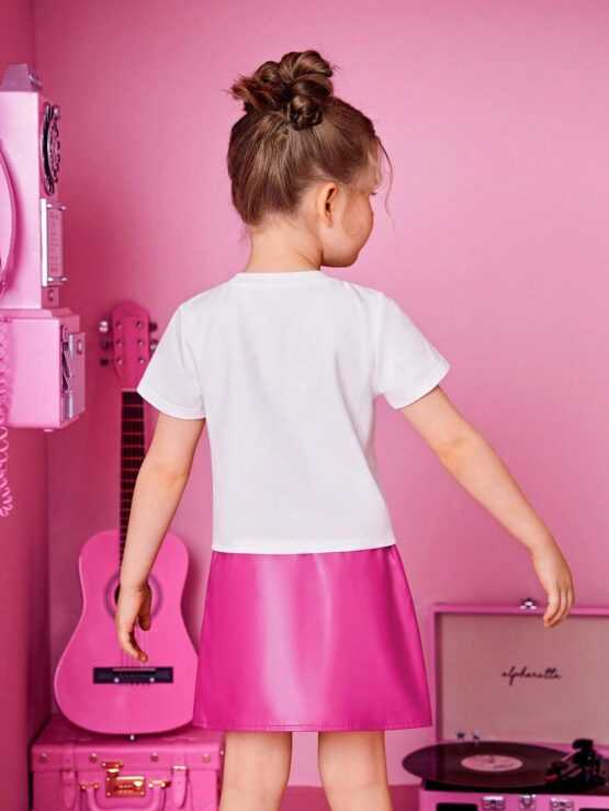 Young Girl Figure Graphic Tee & PU Leather Skirt - Image 2