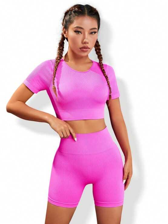 Cut Out Plain Seamless Sleeve Back Sports Set - Image 3