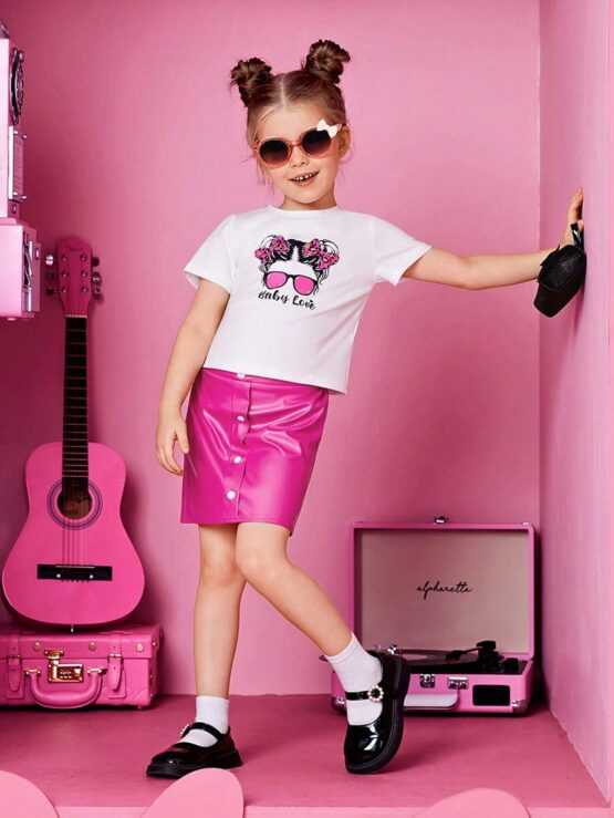 Young Girl Figure Graphic Tee & PU Leather Skirt - Image 3