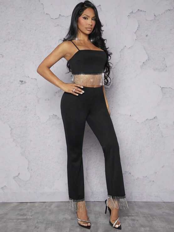 Rhinestone Fringe Hem Cami Top & Pants - Image 3