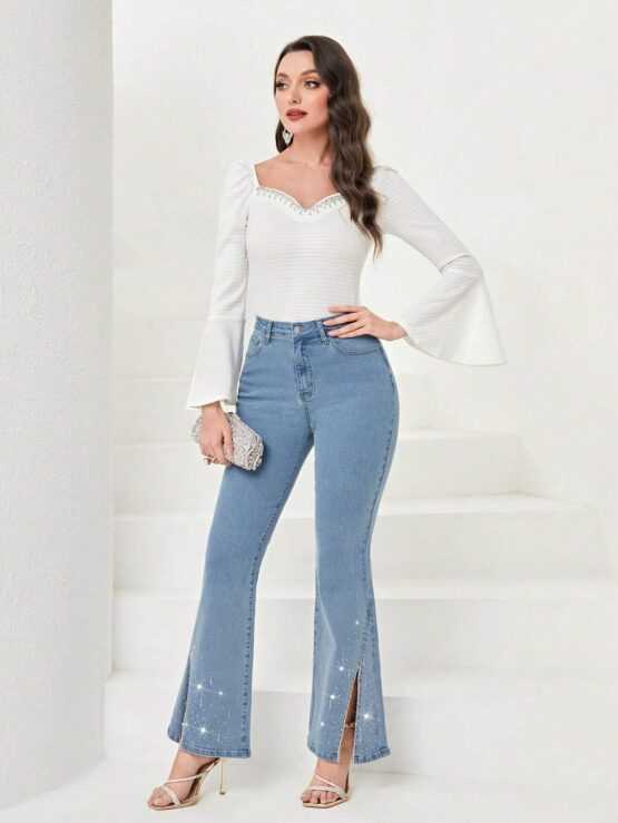 Mulvari Rhinestone Detail Split Hem Flare Leg Jeans - Image 3