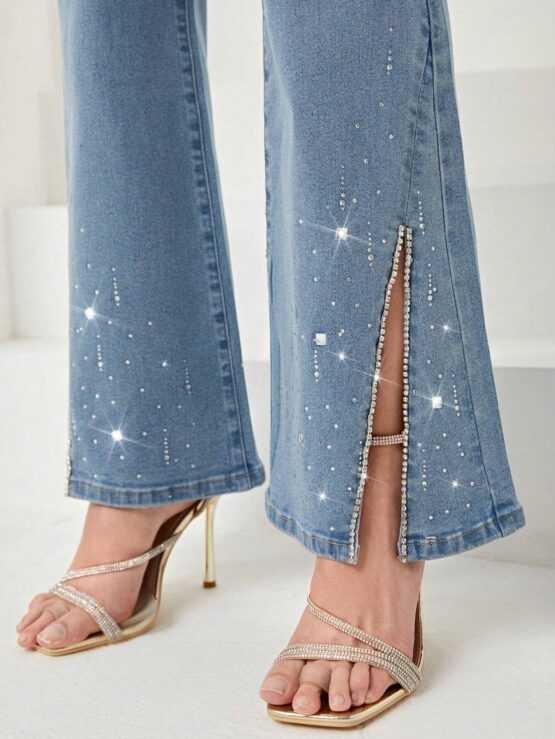 Mulvari Rhinestone Detail Split Hem Flare Leg Jeans - Image 2