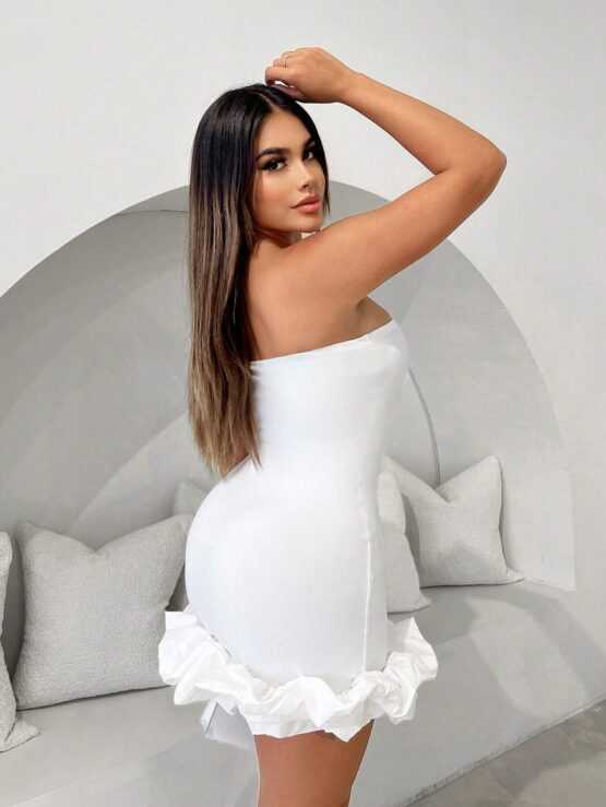 Ruffle Plain Sexy Hem Tube Bodycon Dress - Image 3