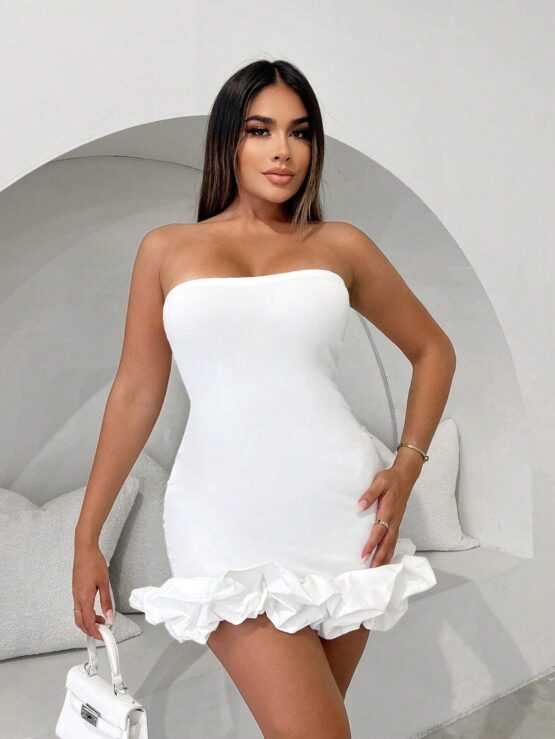 Ruffle Plain Sexy Hem Tube Bodycon Dress - Image 2