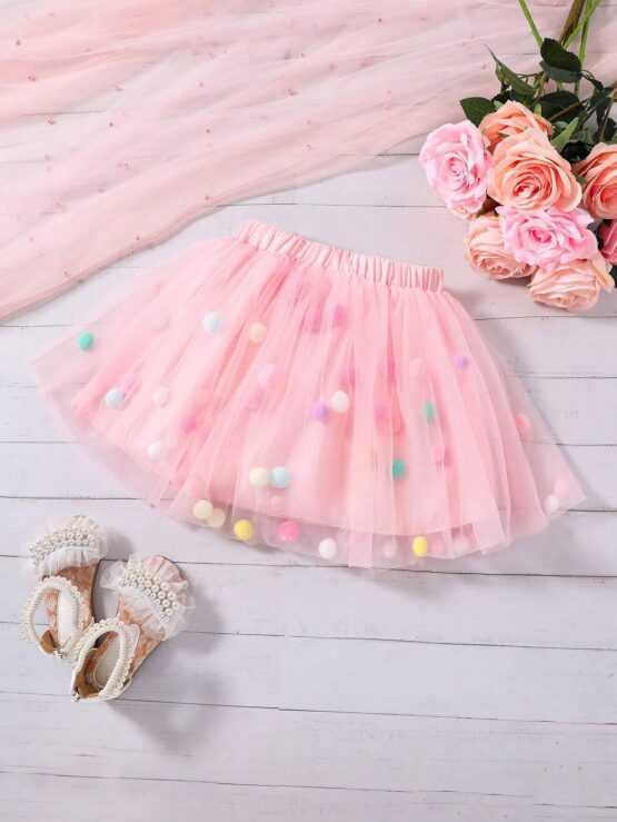 Young Girl Pom Pom Mesh Overlay Detail Skirt - Image 3