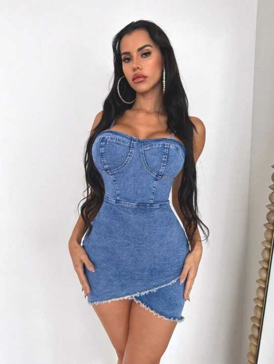 Raw Trim Wrap Sexy Hem Denim Dress - Image 2