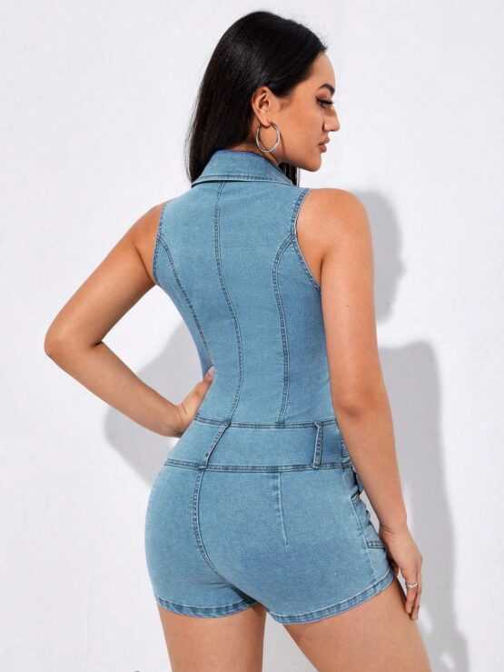 Zip Up High Waist Denim Belted Romper - Image 2